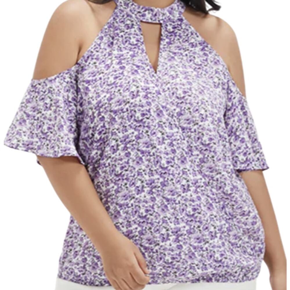 Bloomchic Floral Cold Shoulder Flutter Sleeve Blouse Purple White sz 10 NEW Tags